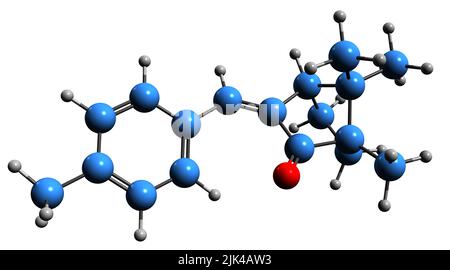 3D Bild der Skelettformel von Enzacamene - molekulare chemische Struktur des 4-Methylbenzyliden-Kamphors, isoliert auf weißem Hintergrund Stockfoto