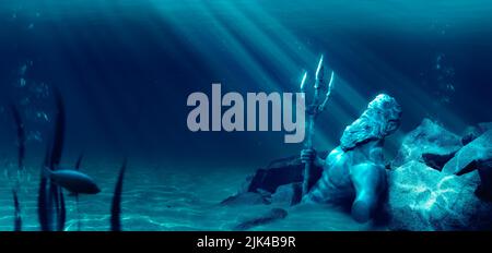 3D Illustration basierend auf der Legende der verlorenen Stadt Atlantis, Unterwasserstadt, Rendering Stockfoto