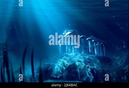 3D Illustration basierend auf der Legende der verlorenen Stadt Atlantis, Unterwasserstadt, Rendering Stockfoto