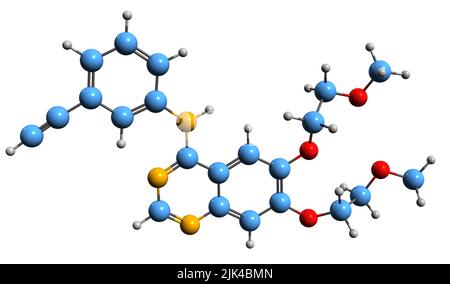 3D Bild der Skelettformel von Erlotinib - molekularchemische Struktur von Krebsmedikamenten isoliert auf weißem Hintergrund Stockfoto