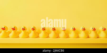 Banner gelb Gummi Ente Hintergrund gelb Enten in einer Reihe. Gummi Ente Muster gelb Konzept. Kommunikation. Community. Ducky-Badespielzeug aus Gummi Stockfoto