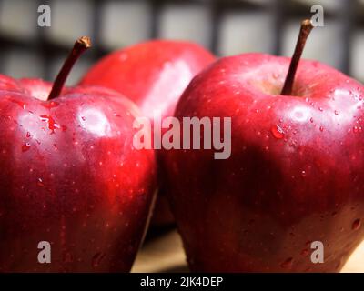 Drei große rote Äpfel der Sorte Red Chief. Wassertropfen auf Früchten. Stockfoto