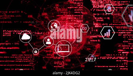Bild der Datenverarbeitung und Globus über Mediensymbole Stockfoto
