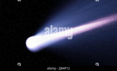 Heller Komet mit langem Schweif, der durch den Weltraum rauscht. Astronomische Objekte Beobachtung, Wissenschaft, Astronomie Hintergrund Stockfoto