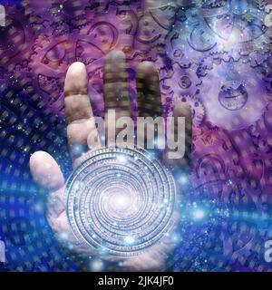 Hand und Zahnräder mit Sternen. 3D Rendern Stockfoto