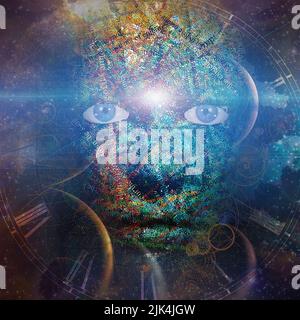 Buntes menschliches Gesicht aus Buchstaben. 3D Rendern Stockfoto