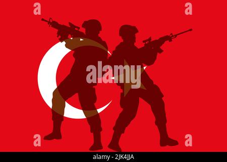 Krieg in der türkei, Flagge der türkei mit dem Schatten der Soldaten, Krieg zwischen der türkei und Syrien, türkei Syrien im Weltkrieg Krisenkonzept Stockfoto