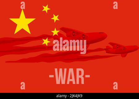 Krieg in China, Flagge von China mit dem Schatten von Militärflugzeugen, Krieg zwischen China und Taiwan, China Taiwan im Weltkrieg Krise Konzept Stockfoto