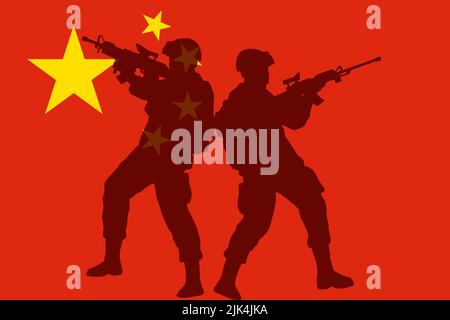 Krieg in China, Flagge Chinas mit dem Schatten der Soldaten, Krieg zwischen China und Taiwan, China Taiwan im Weltkrieg Krise Konzept Stockfoto