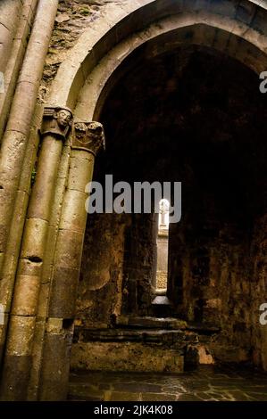 Aufwendig geschnitzte Säulenkapitelle an den Ruinen der Irish Gothic Corcomroe Abbey im Burren, Irland. Stockfoto