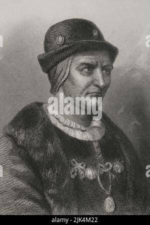 Louis XI. (1423-1483), Spitzname „der Kluge“. König von Frankreich (1461-1483). Hochformat. Gravur von Geoffroy. „Historia Universal“, von César Cantú. Band IV, 1856. Stockfoto