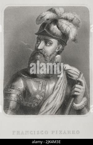 Francisco Pizarro (1478-1541). Spanischer Eroberer des Inka-Reiches. Hochformat. Gravur. „Historia Universal“, von César Cantú. Band IV, 1856. Stockfoto