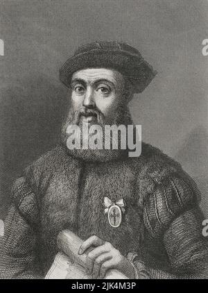 Ferdinand Magellan (1480-1521). Portugiesischer Entdecker. Hochformat. Gravur von Geoffroy. „Historia Universal“, von César Cantú. Band IV, 1856. Stockfoto