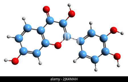 3D Bild der Skelettformel des Fisetins - molekularchemische Struktur von Pflanzenflavonol isoliert auf weißem Hintergrund Stockfoto