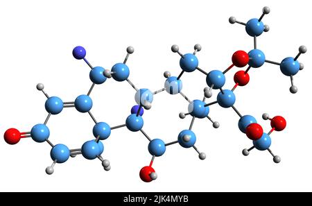 3D Bild der Skelettformel von Fluocinolon acetonid - molekularchemische Struktur eines synthetischen Hydrocortisonderivats, das auf weißem Backgroun isoliert ist Stockfoto