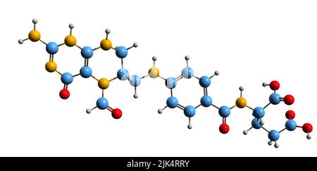 3D Abbildung der Skelettformel der Folinsäure - molekulare chemische Struktur von Leucovorin isoliert auf weißem Hintergrund Stockfoto