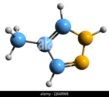 3D Bild der Skelettformel von Fomepizol - molekulare chemische Struktur von 4-methylpyrazol isoliert auf weißem Hintergrund Stockfoto