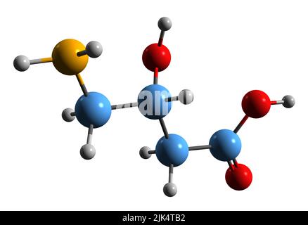 3D Bild der Skelettformel der Gamma-Amino-beta-Hydroxybutysäure - molekularchemische Struktur des auf weißem Hintergrund isolierten Antikonvulsians Stockfoto