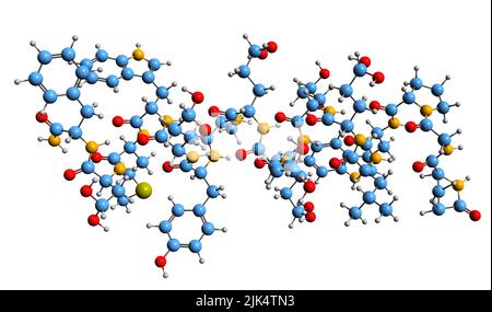 3D Bild der Skelettformel Gastrin I - molekularchemische Struktur des auf weißem Hintergrund isolierten Proteinhormons Stockfoto