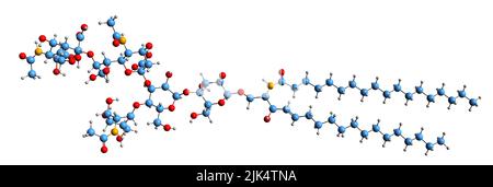 3D Bild der Disialogangliosid-Skelettformel - molekularchemische Struktur des auf weißem Hintergrund isolierten Metaboliten Stockfoto