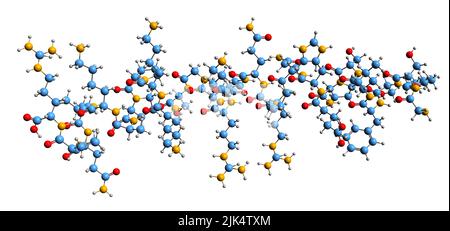 3D Bild der Skelettformel von Ghrelin - molekularchemische Struktur von Lenomorelin auf weißem Hintergrund isoliert Stockfoto
