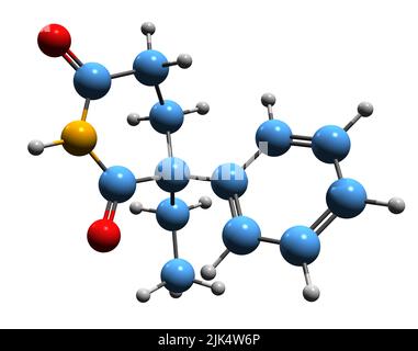 3D Bild der Skelettformel von Glutethimid - molekulare chemische Struktur des hypnotischen Beruhigungsmittels isoliert auf weißem Hintergrund Stockfoto