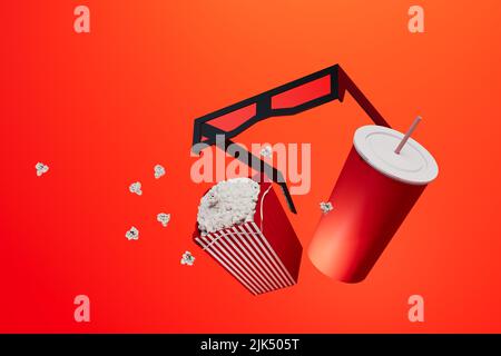 Moderne Technologien. Online-Kino. Mobiles Kino. Popcorn, Cola und 3D Gläser auf rotem Hintergrund. 3D Rendern. 3D Abbildung Stockfoto