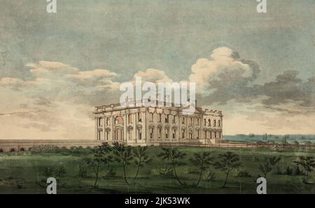 Ein Blick auf das Präsidentenhaus - das Weiße Haus - in der Stadt Washington nach dem Brand vom 24.. August 1814 . Das Bild zeigt einen Blick aus nordöstlicher Richtung auf das durch den Brand beschädigte Weiße Haus, ein Ergebnis des Krieges von 1812. Am 24. August 1814 führte der britische General Robert Ross seine Truppen nach Washington mit strikten Anweisungen, nur öffentliche Gebäude zu verbrennen. Am 25. August blies ein Tornado durch die Stadt und brachte sintflutartige Regenfälle, die sowohl Brände niedergeschlagen haben als auch den britischen Wunsch, weitere Maßnahmen in Washington zu ergreifen. George Munger Zeichnung. Stockfoto