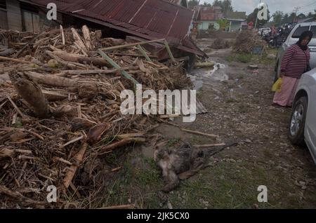 Parigi Moutong, Indonesien. 29.. Juli 2022. Die Gemeinde von Torue in Parigi Moutong Regency, Zentral-Sulawesi, Indonesien, versucht Gegenstände zu finden, die noch aus einem Hausgebäude gerettet werden konnten, das aufgrund der Sturzflut, die das Dorf am 28. Juli 2022 heimgesucht hatte, mit Schlamm begraben wurde. Nach Angaben des Joint SAR-Teams waren 3 Menschen gestorben und vier Bewohner wurden immer noch vermisst. (Foto: Wahono/Pacific Press/Sipa USA) Quelle: SIPA USA/Alamy Live News Stockfoto