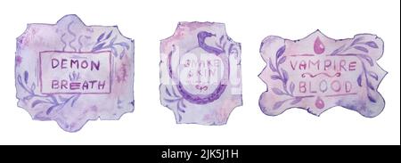 Aquarell handgezeichnete Illustration von lila Hexen Apothekenetiketten für Tränke okkulten Gebräu, esoterische Zauberflasche. Gruselige Horror halloween Cliparts, magische Kräuter Kunst Stockfoto