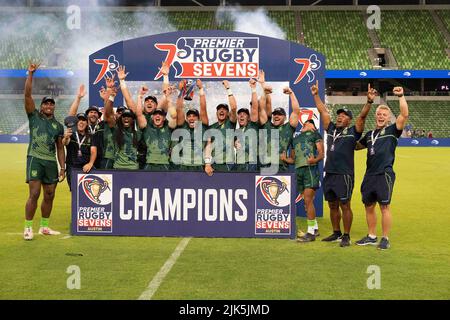 30. Juli 2022: Unechte menÕs Rugby-Team gewinnen den Meisterschaftssieg im Q2 Stadium. Austin, Texas. Mario Cantu/CSM Stockfoto