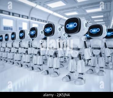 3D Rendering Gruppe von niedlichen und kleinen künstlichen Intelligenz Assistenten Roboter mit Zeichentrickfigur in der Fabrik Stockfoto