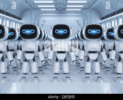 3D Rendering Gruppe von niedlichen und kleinen künstlichen Intelligenz Assistenten Roboter mit Zeichentrickfigur in der Fabrik Stockfoto