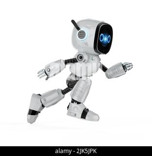 3D Rendering niedlich und kleine künstliche Intelligenz Assistant Roboter mit Cartoon-Charakter läuft auf weißem Hintergrunddd Stockfoto