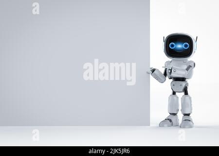 3D Rendering niedlich und kleine künstliche Intelligenz Assistant Roboter mit Cartoon-Charakter mit weißen leeren Raum Stockfoto