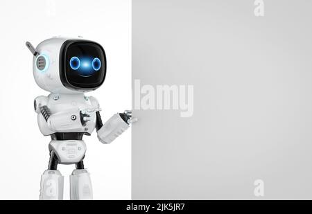 3D Rendering niedlich und kleine künstliche Intelligenz Assistant Roboter mit Cartoon-Charakter mit weißen leeren Raum Stockfoto