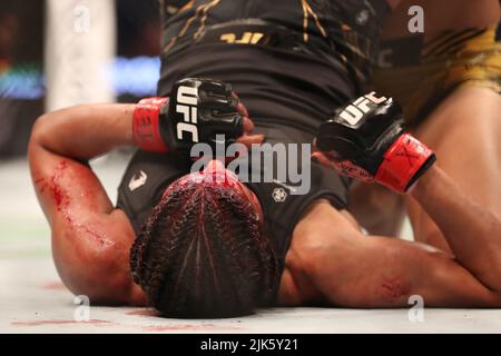 DALLAS, TX - 30. JULI: Julianna Peña kämpft gegen Amanda Nunes in ihrem Women Bantamweight Kampf während des UFC 277 Events im American Airlines Center am 30. Juli 2022 in Dallas, Texas, USA. (Foto von Alejandro Salazar/PxImages) Credit: Px Images/Alamy Live News Stockfoto