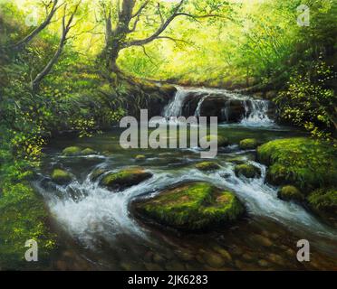 Original Ölgemälde von verschönern Frühlingslandschaft, Wald und Fluss auf Leinwand. Moderner Impressionismus, Moderne, Marinismus Stockfoto