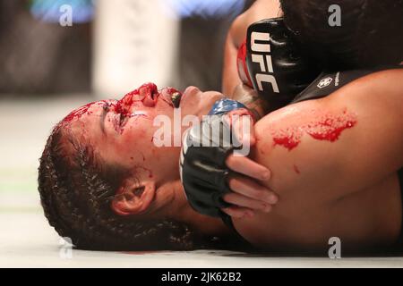 Dallas, Texas, Dallas, TX, USA. 30.. Juli 2022. DALLAS, TX - JULI 30: Julianna PeÃ±A kämpft gegen Amanda Nunes in ihrem Women Bantamweight Kampf während des UFC 277 Events im American Airlines Center am 30. Juli 2022 in Dallas, Texas, USA. (Bild: © Alejandro Salazar/PX Imagens via ZUMA Press Wire) Stockfoto