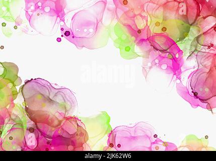 Tinte bunt grün, rosa, weiß Alkohol abstrakten Hintergrund. Neonfarben Hintergrundmalerei. Handbemalte bunte Textur. Es gibt eine leere Stelle für Stockfoto