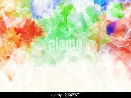 Aquarell farbenfrohe, grüne, rote Hintergrundmalerei. Aquarellhintergrund. Handbemalte bunte Textur. Tintenstruktur. Es gibt eine leere Stelle für Text, f Stockfoto