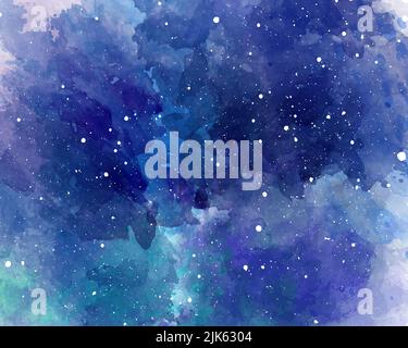 Aquarell Raum Hintergrund. Sternenklare Tinte. Blaue, violette, grüne Spritzer. Platz für Banner, Poster, Hintergrund für Text, Texturen Design A Stockfoto