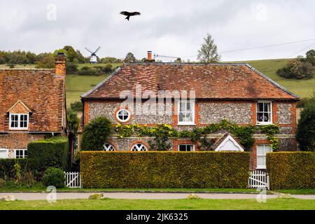 Ein Red Kite schwebt über alten Steinhäusern unterhalb von Turville Hill mit Windmühle im Dorf Chilterns. Turville, Buckinghamshire, England, Großbritannien Stockfoto