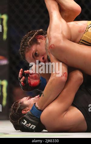 Dallas, Texas, Dallas, TX, USA. 30.. Juli 2022. DALLAS, TX - 30. JULI: Amanda Nunes (TOP) kämpft gegen Julianna PeÃ±A in ihrem Women Bantamweight Kampf während des UFC 277 Events im American Airlines Center am 30. Juli 2022 in Dallas, Texas, USA. (Bild: © Alejandro Salazar/PX Imagens via ZUMA Press Wire) Stockfoto