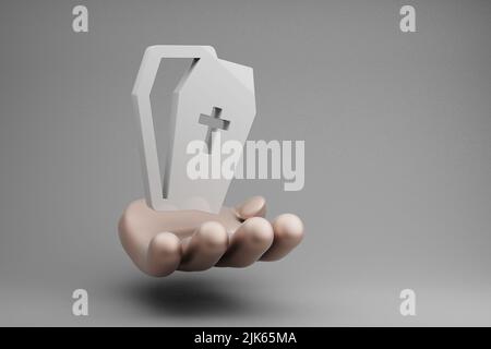 Schöne abstrakte Illustrationen Goldene Hand hält Halloween RIP Symbol Symbol auf einem grauen Hintergrund. 3D Rendering-Illustration. Hintergrundmuster für Stockfoto