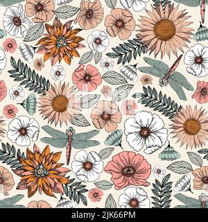 Boho Flowers & Libone - Nahtloses, Sich Wiederholendes Muster Stockfoto