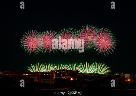 Rotes und grünes Feuerwerk am Nachthimmel Stockfoto