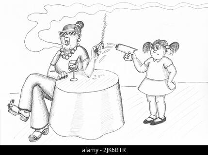 Mädchen löscht die Zigarette einer alten Dame mit einer Wasserpistole. Abbildung. Stockfoto
