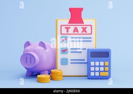 Steuerzahlung und Geschäftskonzept. Sparschwein, Rechner und Steuerformular auf blauem Hintergrund. 3D Abbildung Stockfoto