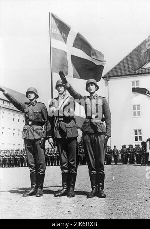 Die Nazi-deutschen Elitetruppen die Waffen-SS hatte viele Abteilungen ausländischer Freiwilliger, die an den nationalsozialismus glaubten. Hier sind Mitglieder des Freien Korps Dänemark, die einen Eid ablegen, Juli 1941 Stockfoto